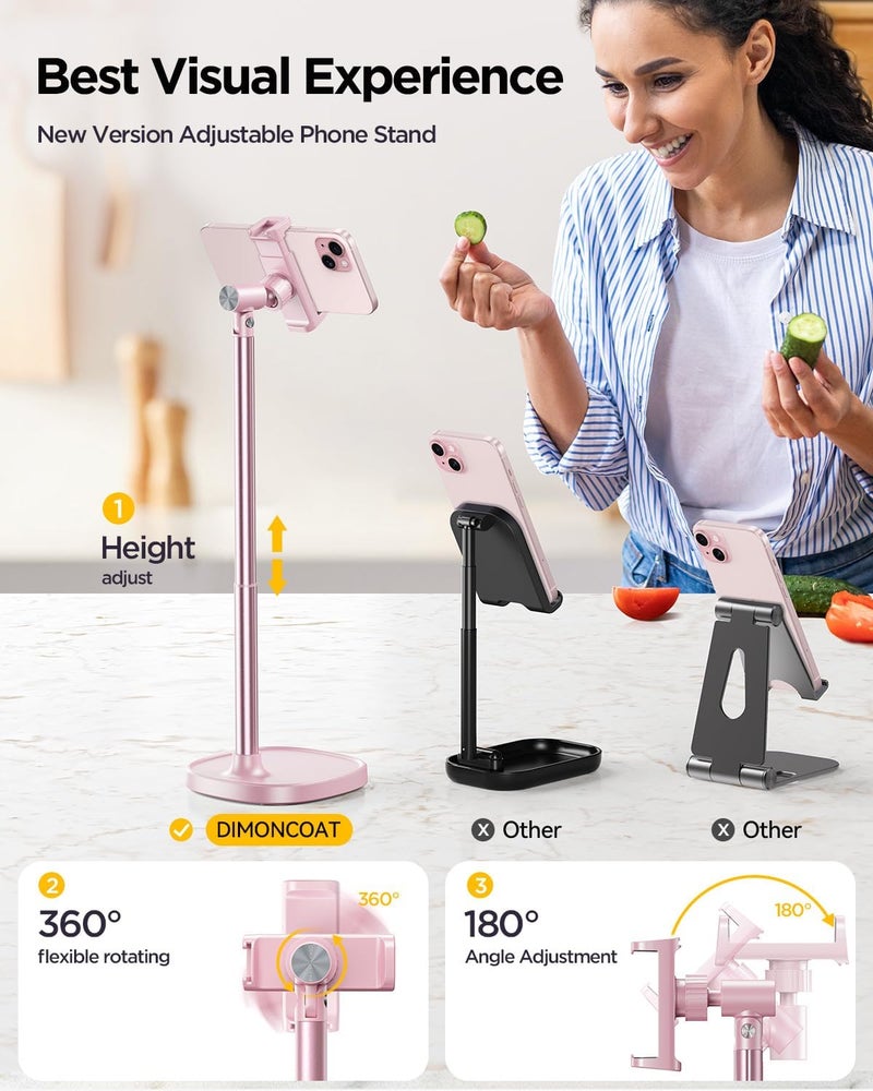 DIMONCOAT Cell Phone Stand for Desk, Stocking Stuffers Gifts for Teens Girls Boys Adults，Phone Holder Angle Height Adjustable, Aluminum Alloy Universal iPhone Stand for iPhone 17 16 15 Pro Max -Pink - Image 2